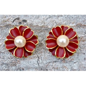 Floral Dark Red Enamel Stud Earrings